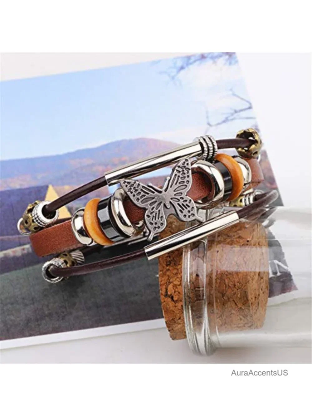 Bohemian Leather Multilayer Wrap Bracelet Cuff with Butterfly Charm